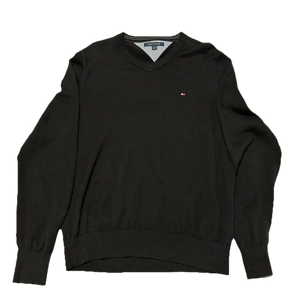 Tommy Hilfiger Sweater Pullover Mens Sz M Black V Neck Cotton Preppy Knit